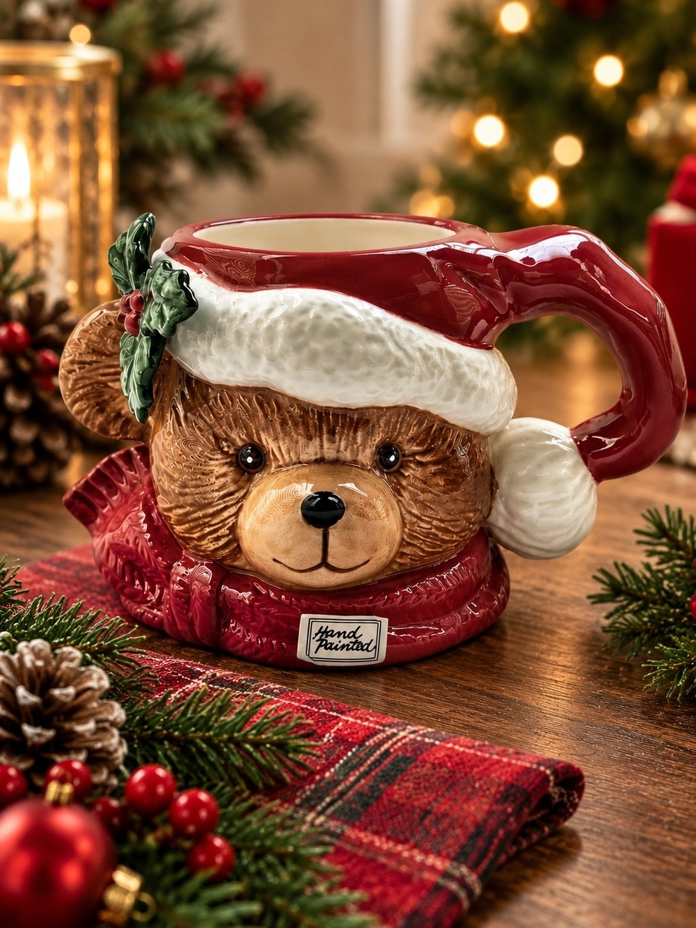 Vintage 1991 Fitz & Floyd Plaid Teddy Christmas Mug w/ Original Box